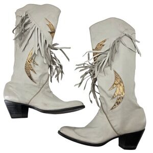 VTG Lucchese Misha Leather Cowboy Boots Tan Snakeskin Fringe Metallic Gold 80s